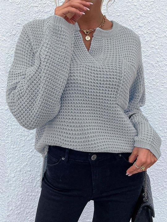 Comfort Notched Long Sleeve Sweater - SAMFILS