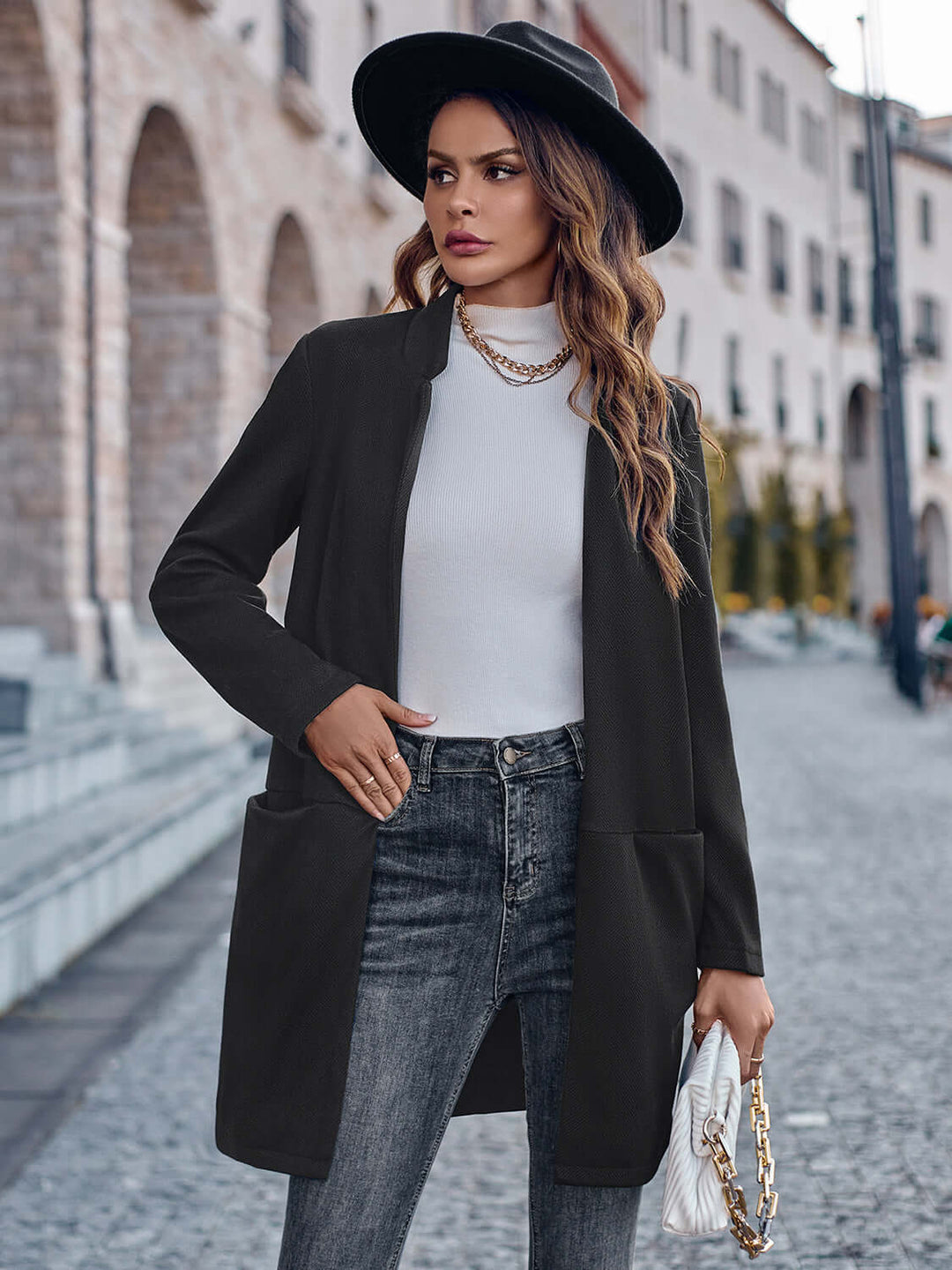 Elegant Ladies Open Front Long Sleeve Blazer - Samslivos