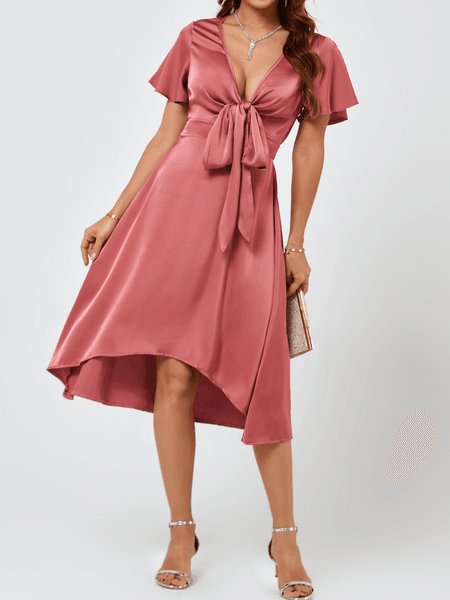 Women V-neck Flared Hem Tie Waist Cutout Dress - Samslivos