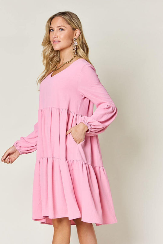 Double Take Full Size V-Neck Balloon Sleeve Tiered Dress - SAMFILS