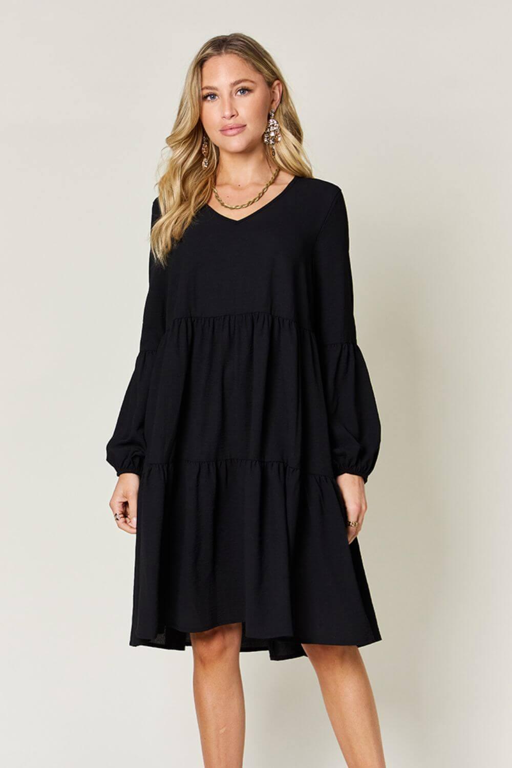 Double Take Full Size V-Neck Balloon Sleeve Tiered Dress - SAMFILS