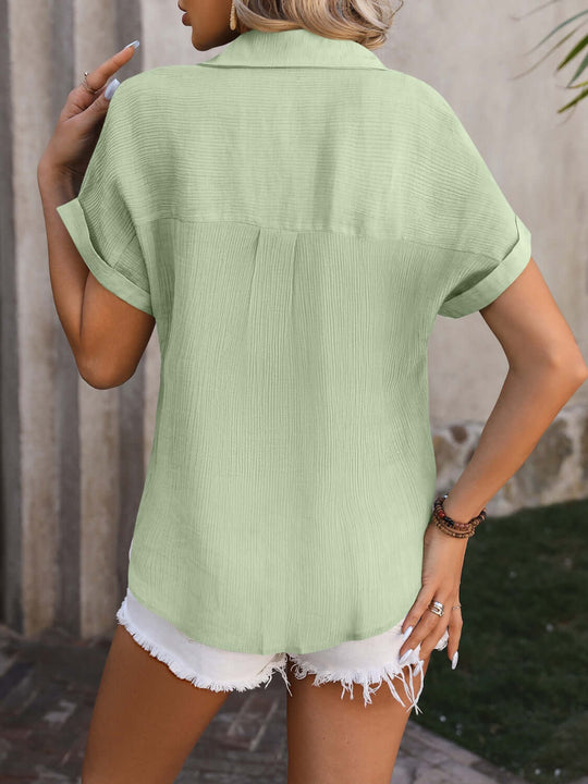 Button Up Closure Short Sleeve Shirt Tumble dry low. - Samslivos