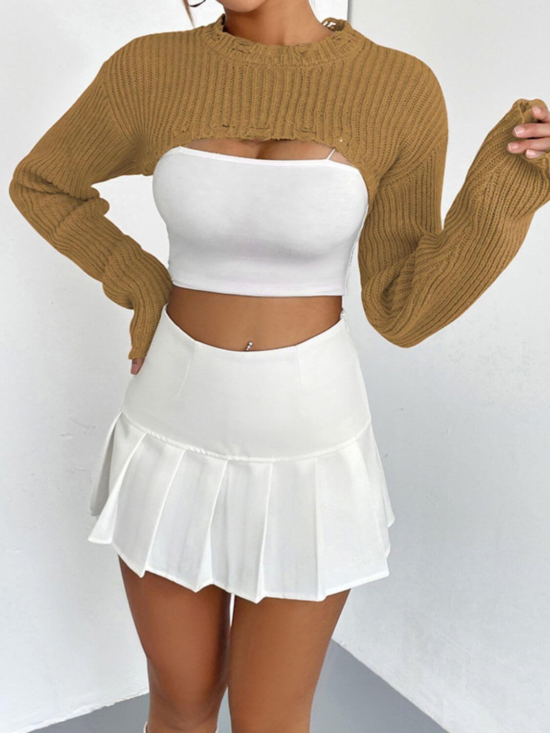 Distressed Long Sleeve Cropped Sweater - SAMFILS