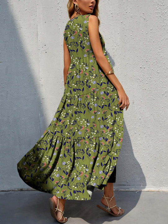 Lovely Tiered Printed V-Neck Sleeveless Dress - Samslivos