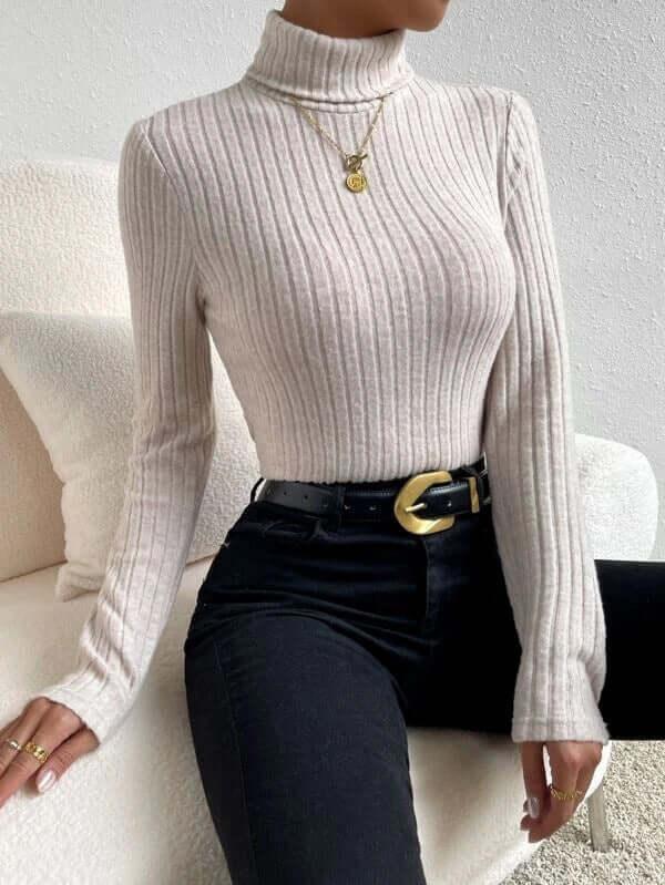 Turtleneck V-neck Long-sleeved Brushed Hollow Striped Knitted - SAMFILS