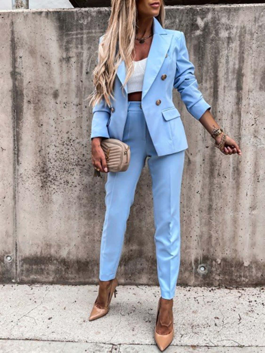 Lapel Collar Long Sleeves Blazer Pant Set - SAMFILS