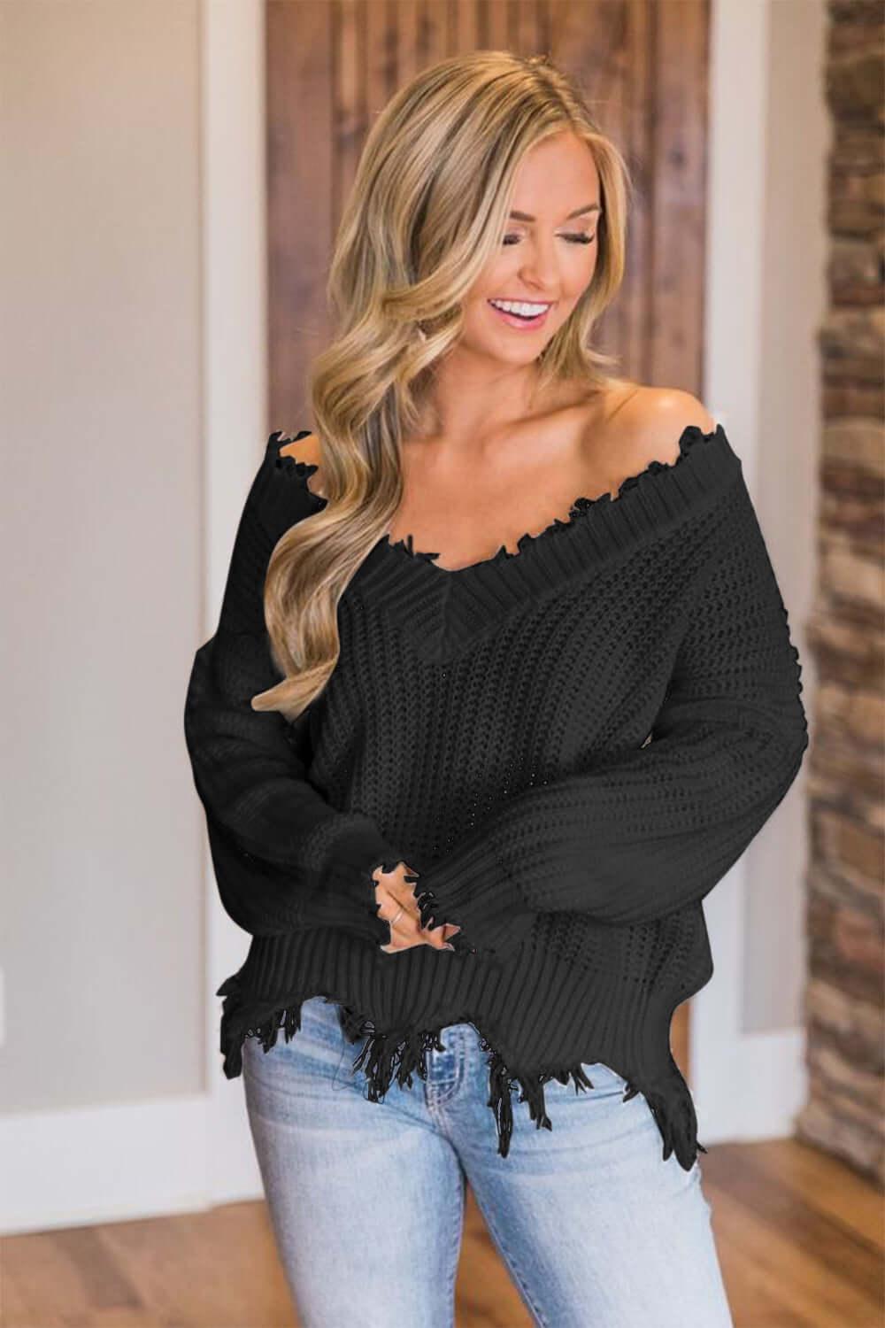 Frayed Hem Dropped Shoulder Sweater - SAMFILS