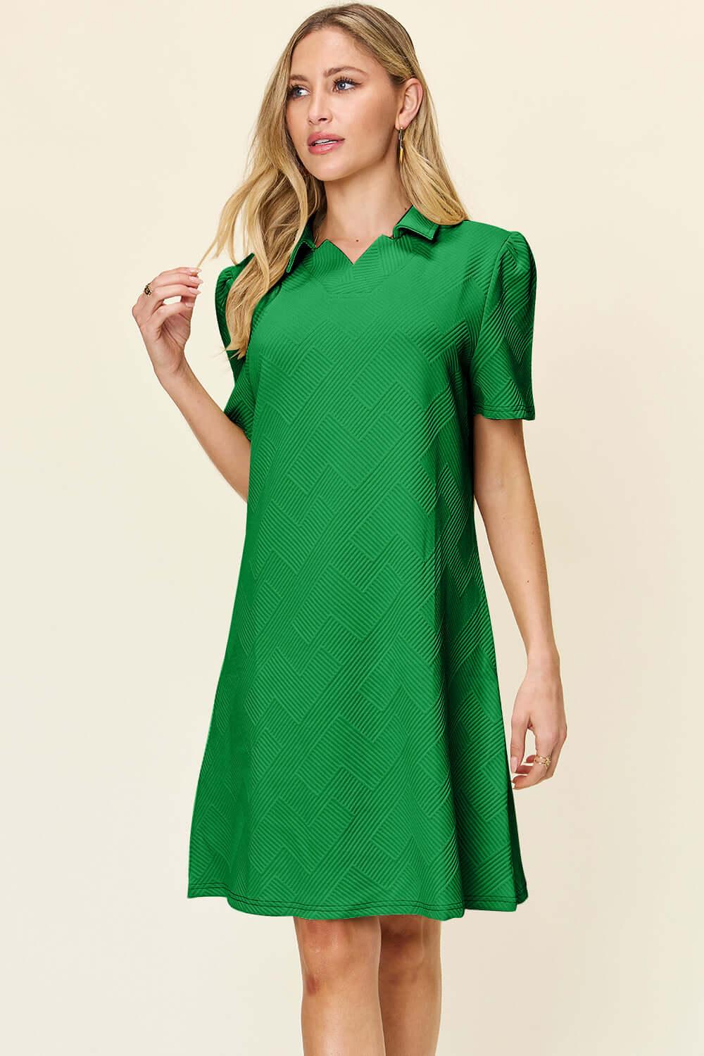 Double Take Full Size Texture Collared Neck Short Sleeve Dress - SAMFILS