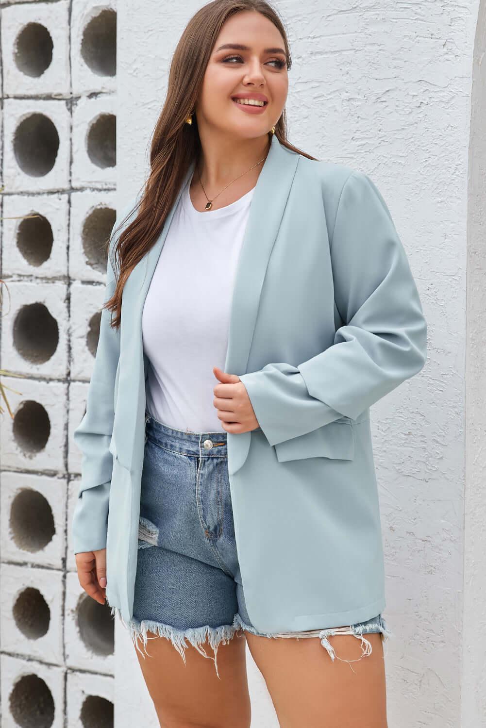 Plus Size Shawl Collar Long Sleeve Blazer - SAMFILS