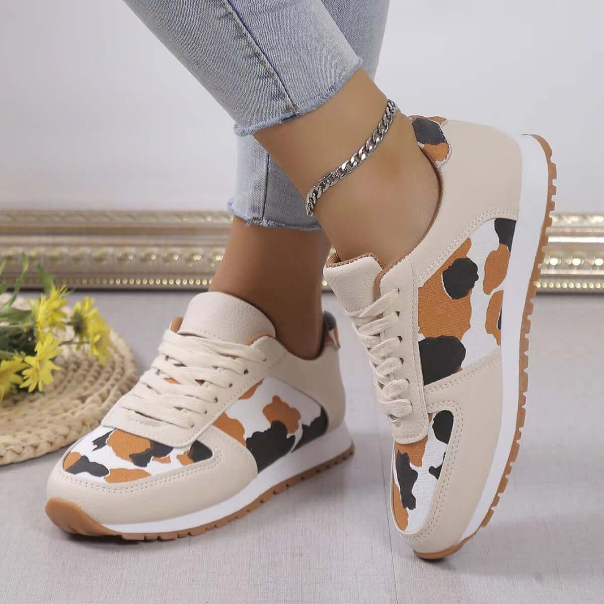 Tied Printed PU Leather Athletic Sneakers - SAMFILS