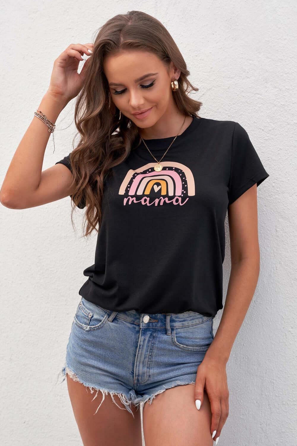 Women Graphic Round Neck Short sleeves T Shirt - SAMFILS