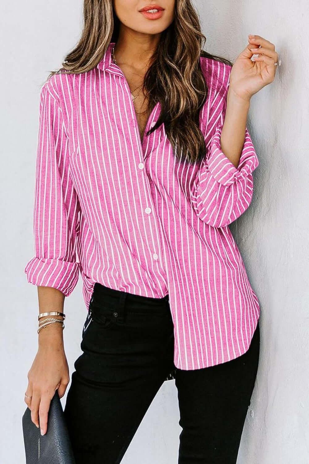 Striped Button Up comfortable Classic Long Sleeve Shirt - SAMFILS