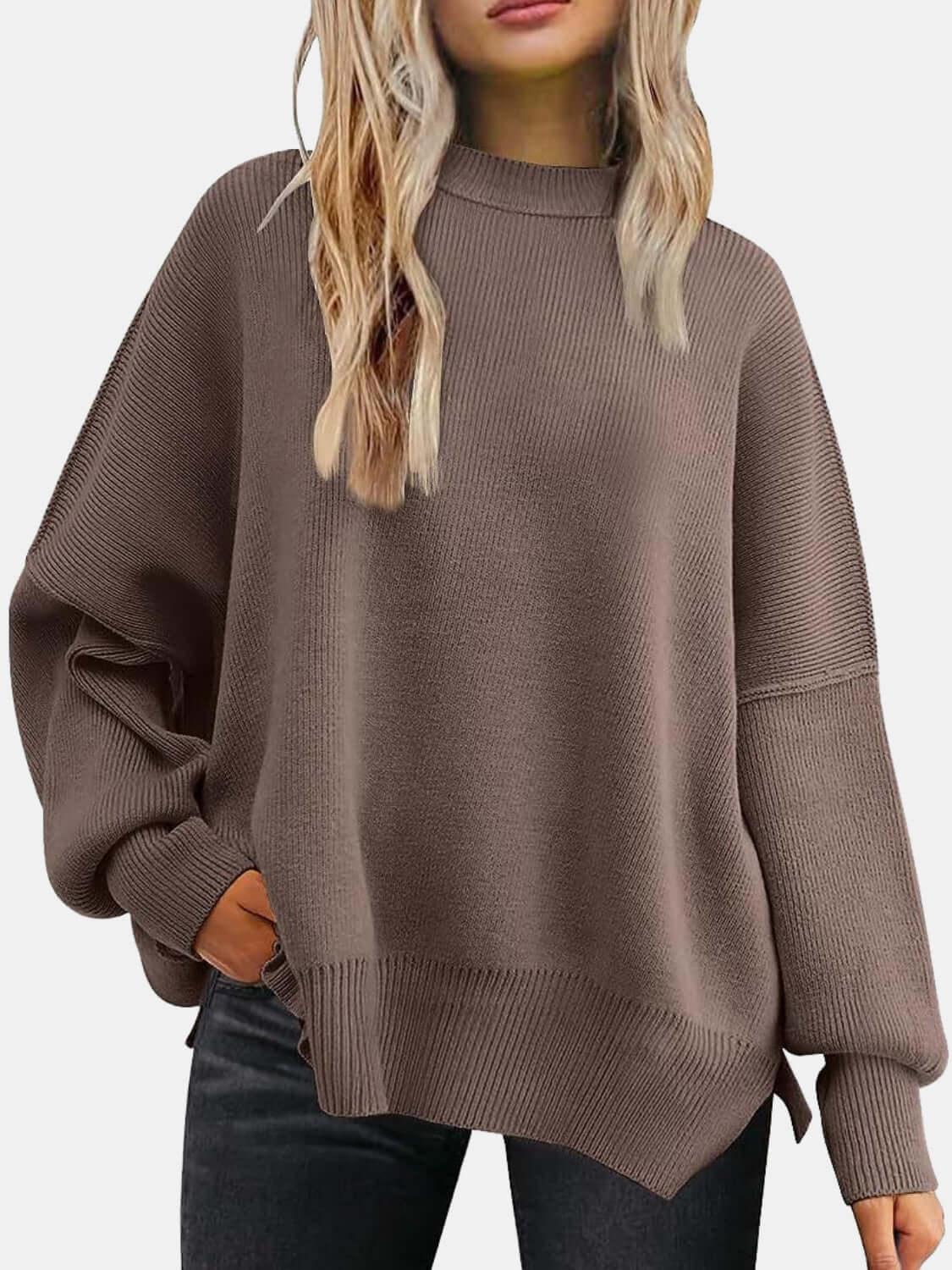 Round Neck Drop Shoulder Slit Sweater - SAMFILS