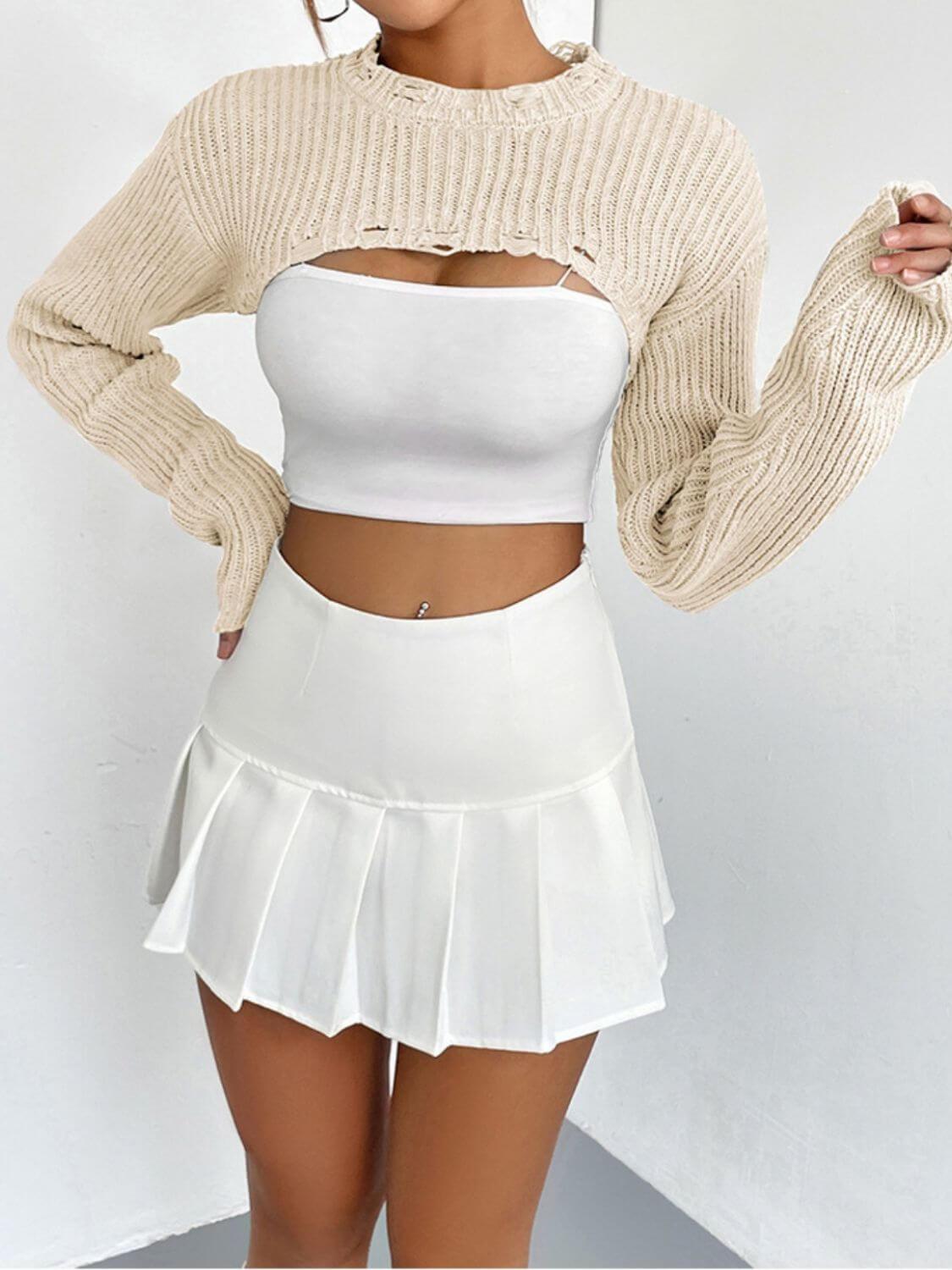 Distressed Long Sleeve Cropped Sweater - SAMFILS