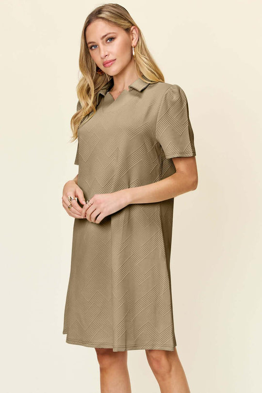 Double Take Full Size Texture Collared Neck Short Sleeve Dress - SAMFILS