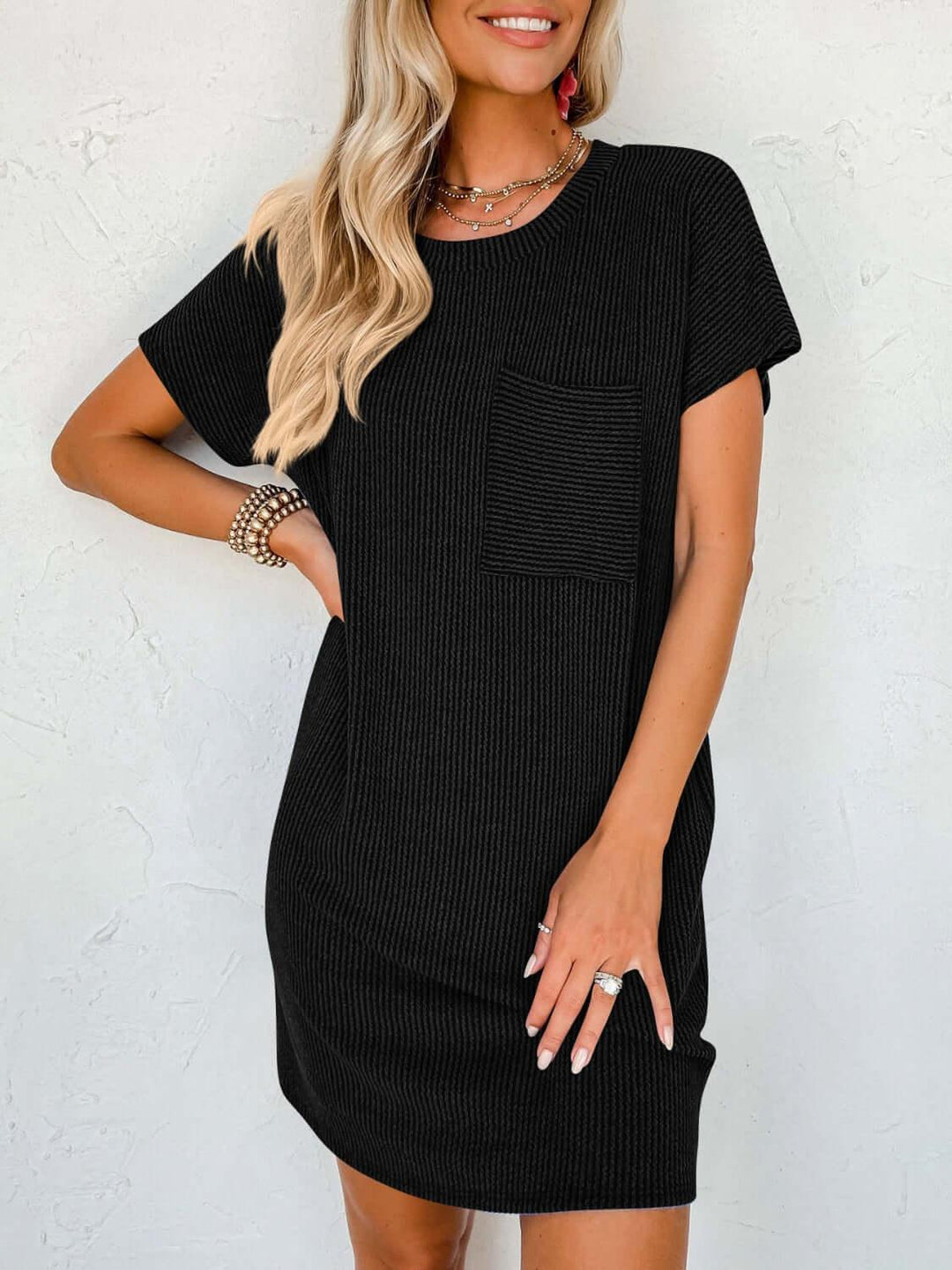 Comfort Round Neck Short Sleeve Mini Dress - Samslivos