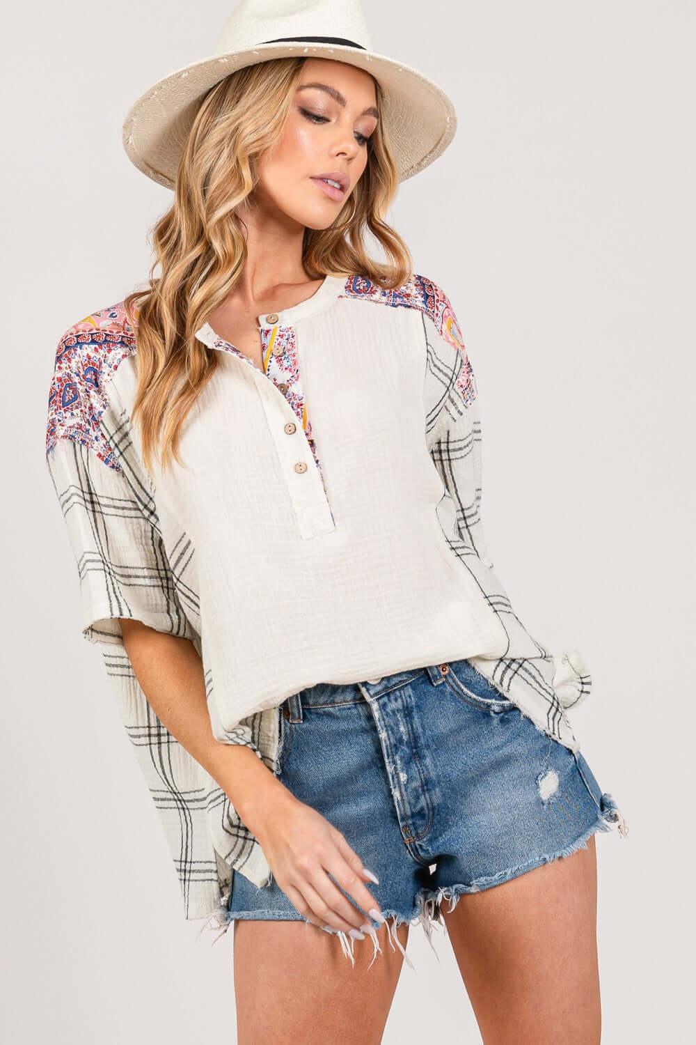 SAGE + FIG Plaid Half Button Gauze Top - SAMFILS