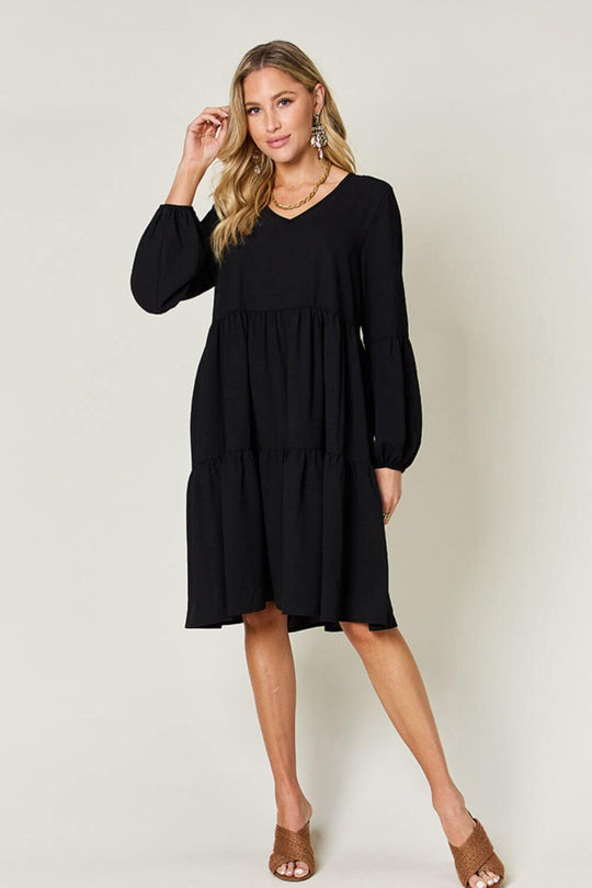 Double Take Full Size V-Neck Balloon Sleeve Tiered Dress - SAMFILS