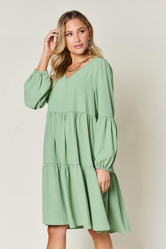 Double Take Full Size V-Neck Balloon Sleeve Tiered Dress - SAMFILS