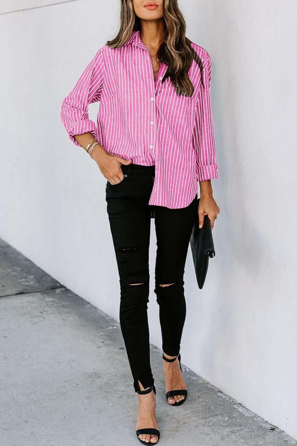 Striped Button Up comfortable Classic Long Sleeve Shirt - SAMFILS