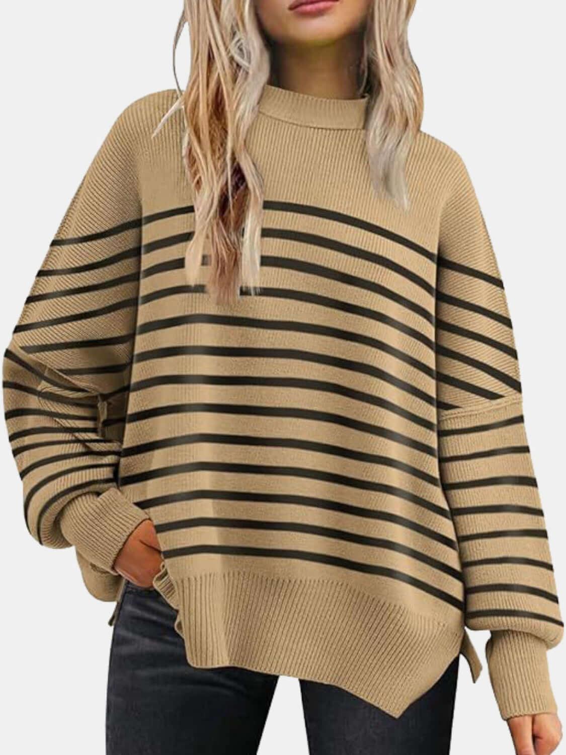 Round Neck Drop Shoulder Slit Sweater - SAMFILS