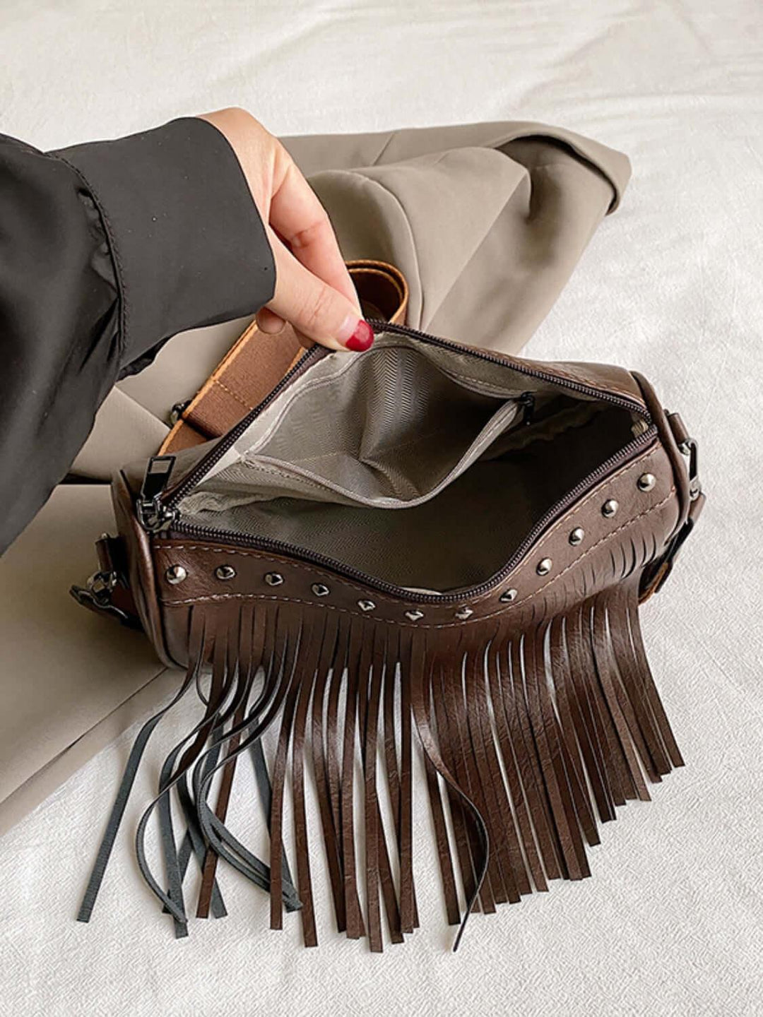 PU Leather Fringe Studded Crossbody Bags - SAMFILS