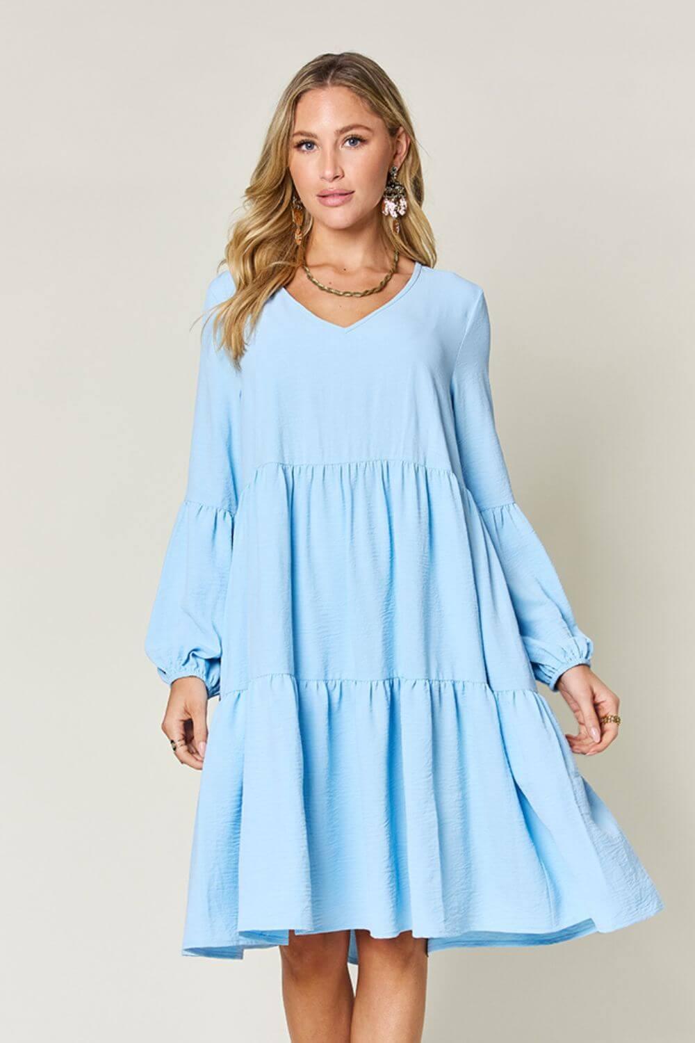 Double Take Full Size V-Neck Balloon Sleeve Tiered Dress - SAMFILS