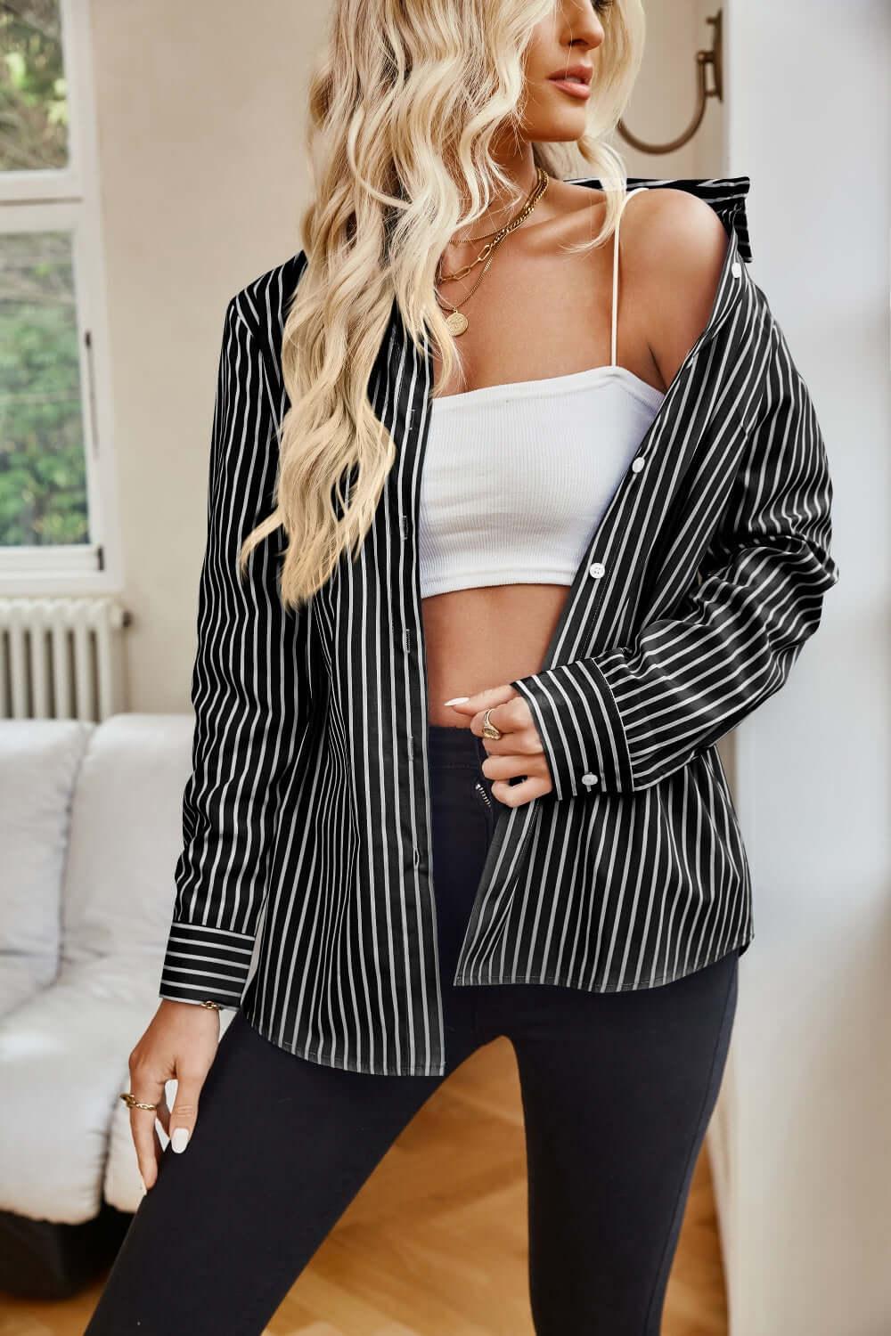 Striped Button Up comfortable Classic Long Sleeve Shirt - SAMFILS