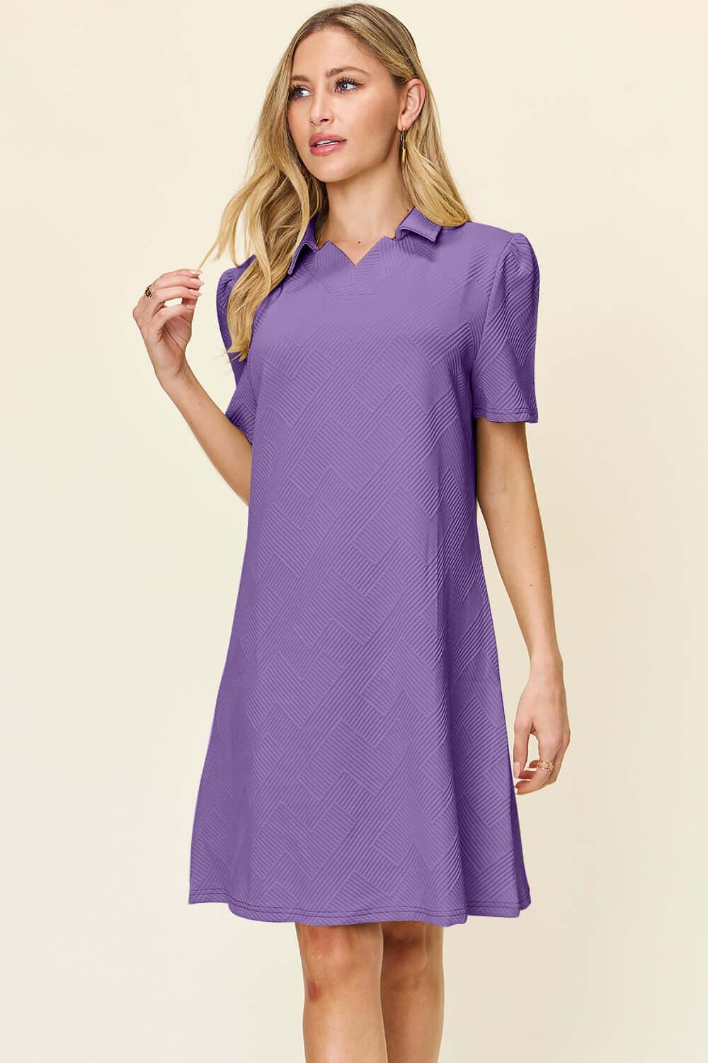 Double Take Full Size Texture Collared Neck Short Sleeve Dress - SAMFILS